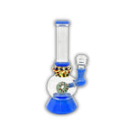 Glass water pipe with donut-style percolator, bubble chamber, speckled neck detail, and colored base and joint.