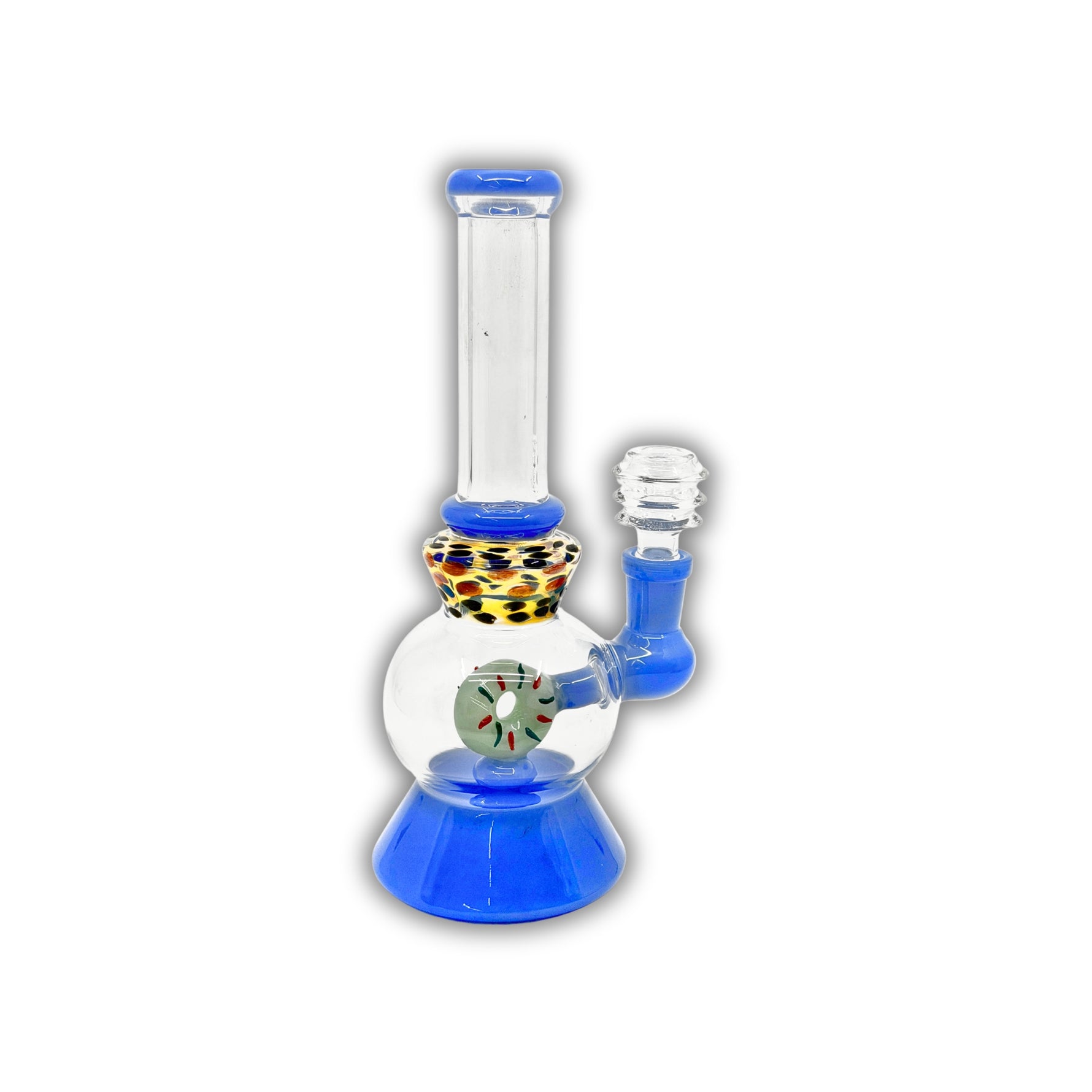 Glass water pipe with donut-style percolator, bubble chamber, speckled neck detail, and colored base and joint.