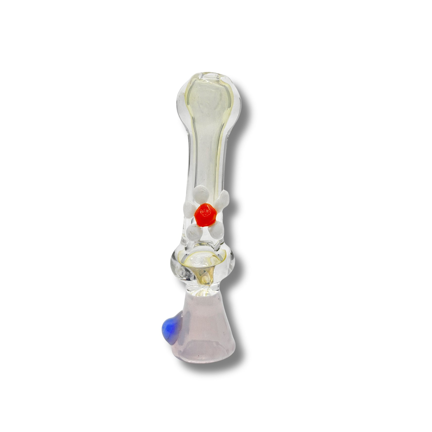 Clear glass chillum pipes with colorful base and white daisy flower accents in assorted designs.
