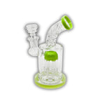Compact glass dab rig featuring a textured curved neck and showerhead percolator with blue and green accent options.