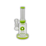 Glass water pipe with donut percolator, straight neck design, and colored base and neck accents.