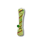Hand-blown glass chillum pipes with rainbow spiral patterns and side grip marble in assorted vibrant designs.