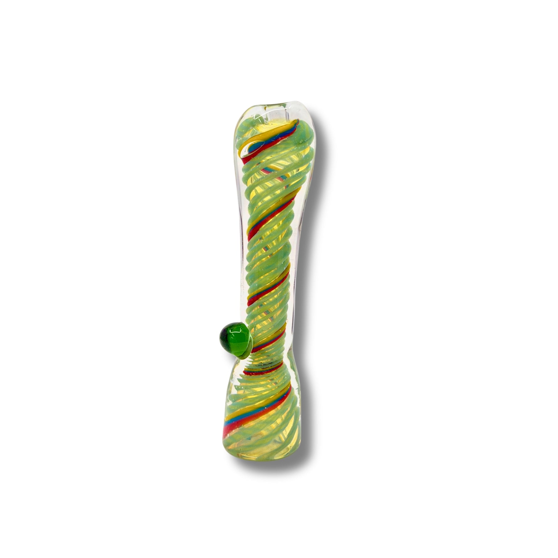 Hand-blown glass chillum pipes with rainbow spiral patterns and side grip marble in assorted vibrant designs.