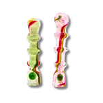 Textured glass chillum pipes with multicolor stripe patterns in green, red, and pink tones.