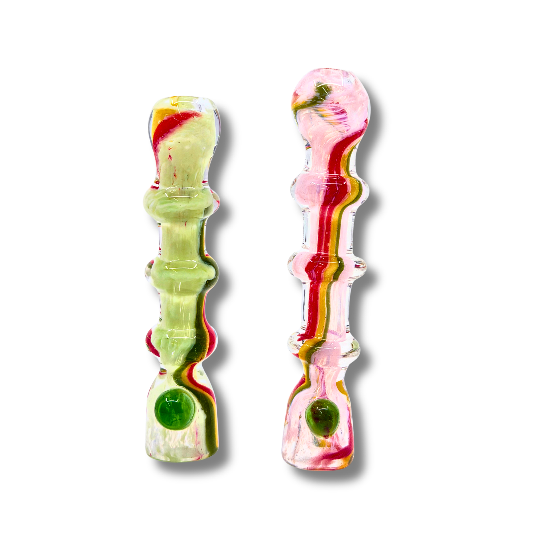 Textured glass chillum pipes with multicolor stripe patterns in green, red, and pink tones.