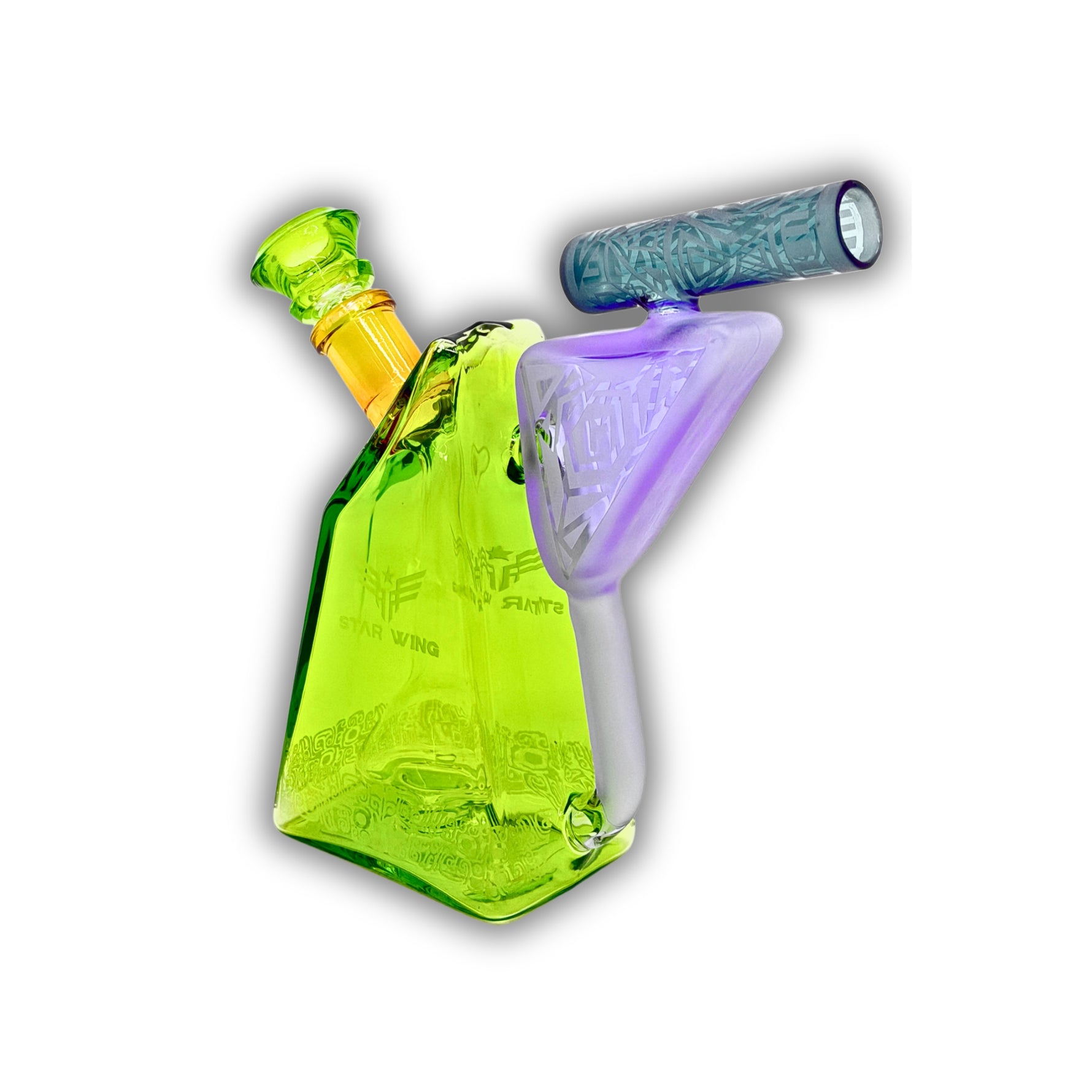 Geometric pyramid-shaped glass water pipe with colored translucent glass and angled mouthpiece.
