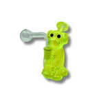 Colorful glass dab rigs shaped like cartoon dogs in blue, yellow, orange, green, purple, and pink with built-in bowl and downstem.