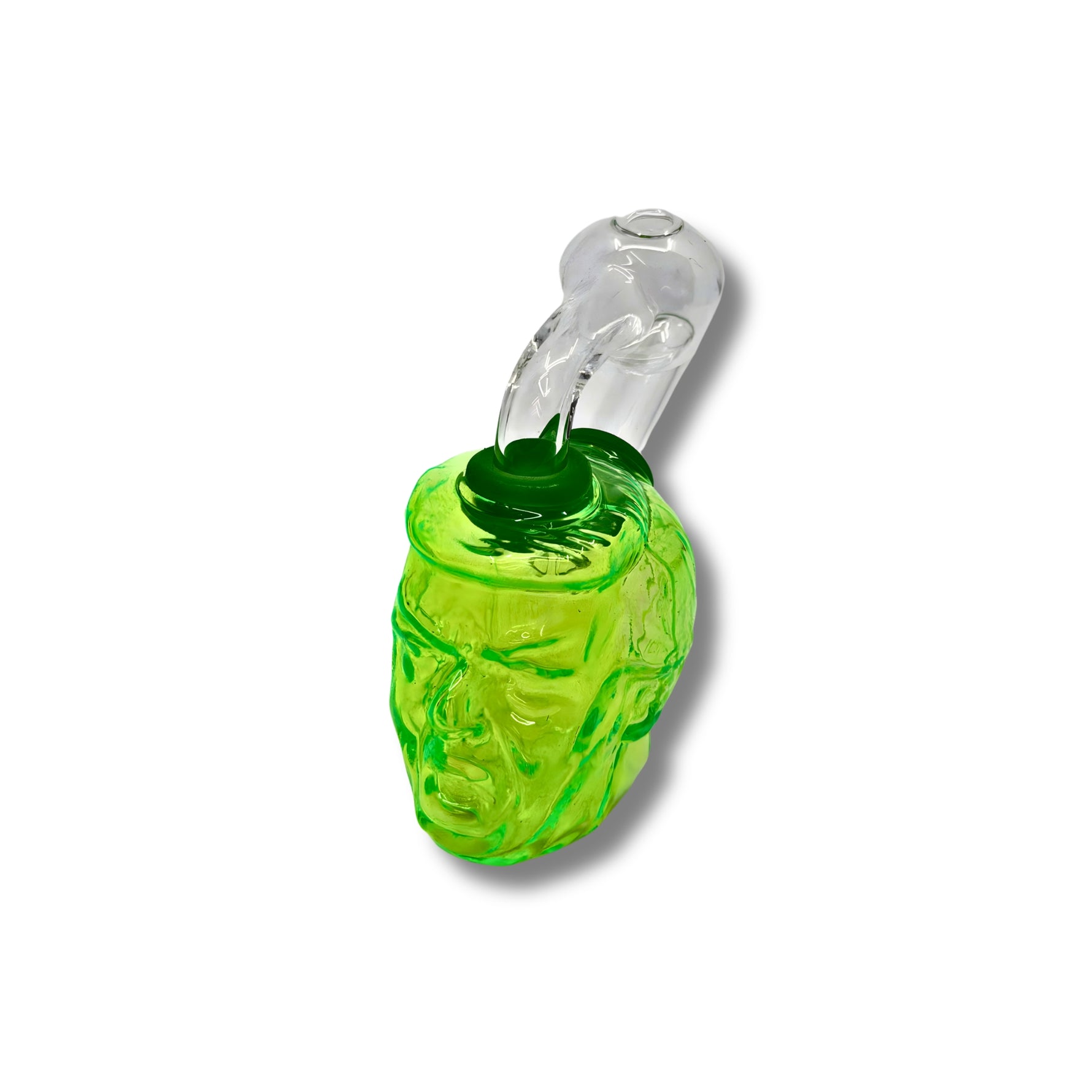 Colorful glass oil burner pipes shaped like human heads in teal, orange, pink, and green with detailed facial design.