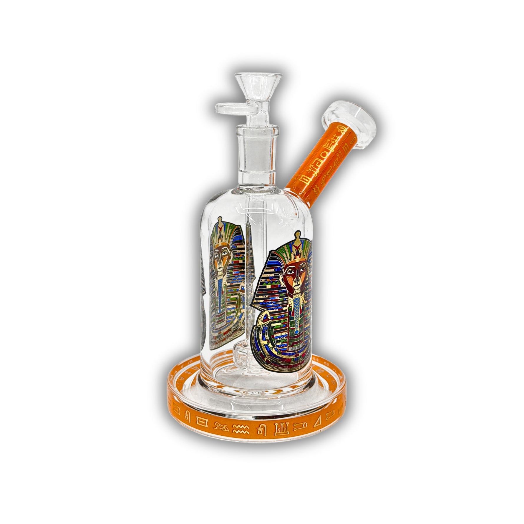 Clear straight tube bong featuring detailed Egyptian pharaoh artwork with colored base, neck, and hieroglyph-style accents.