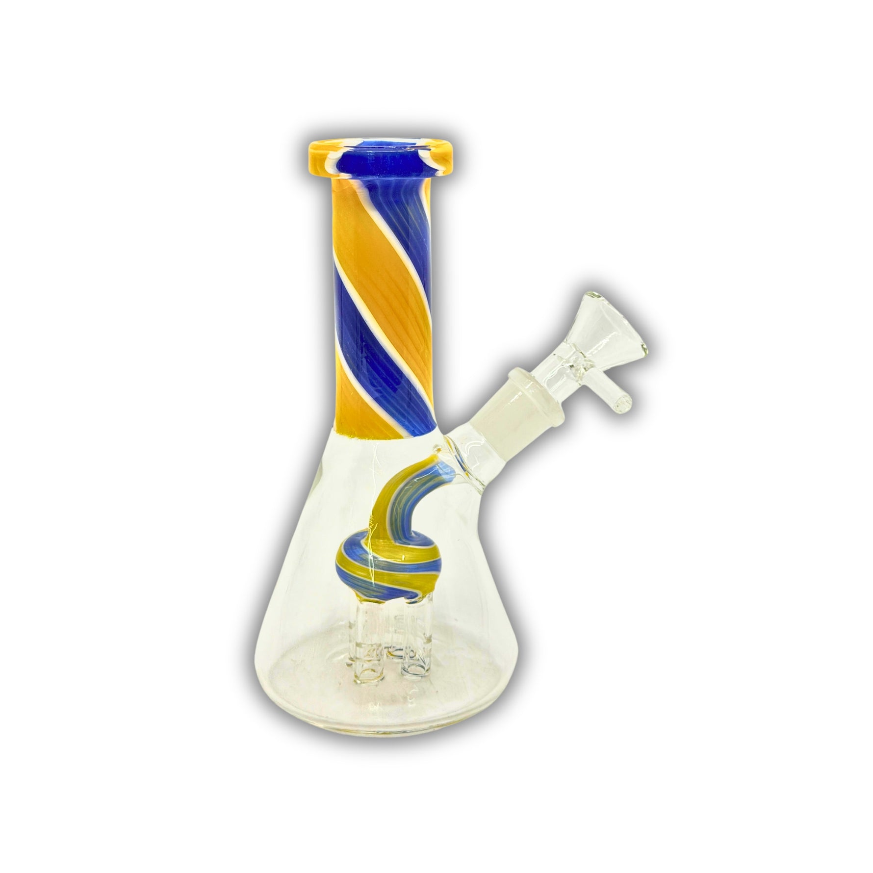 Glass water pipe with colorful swirl stripe design, spiral stem, and tree percolator base.