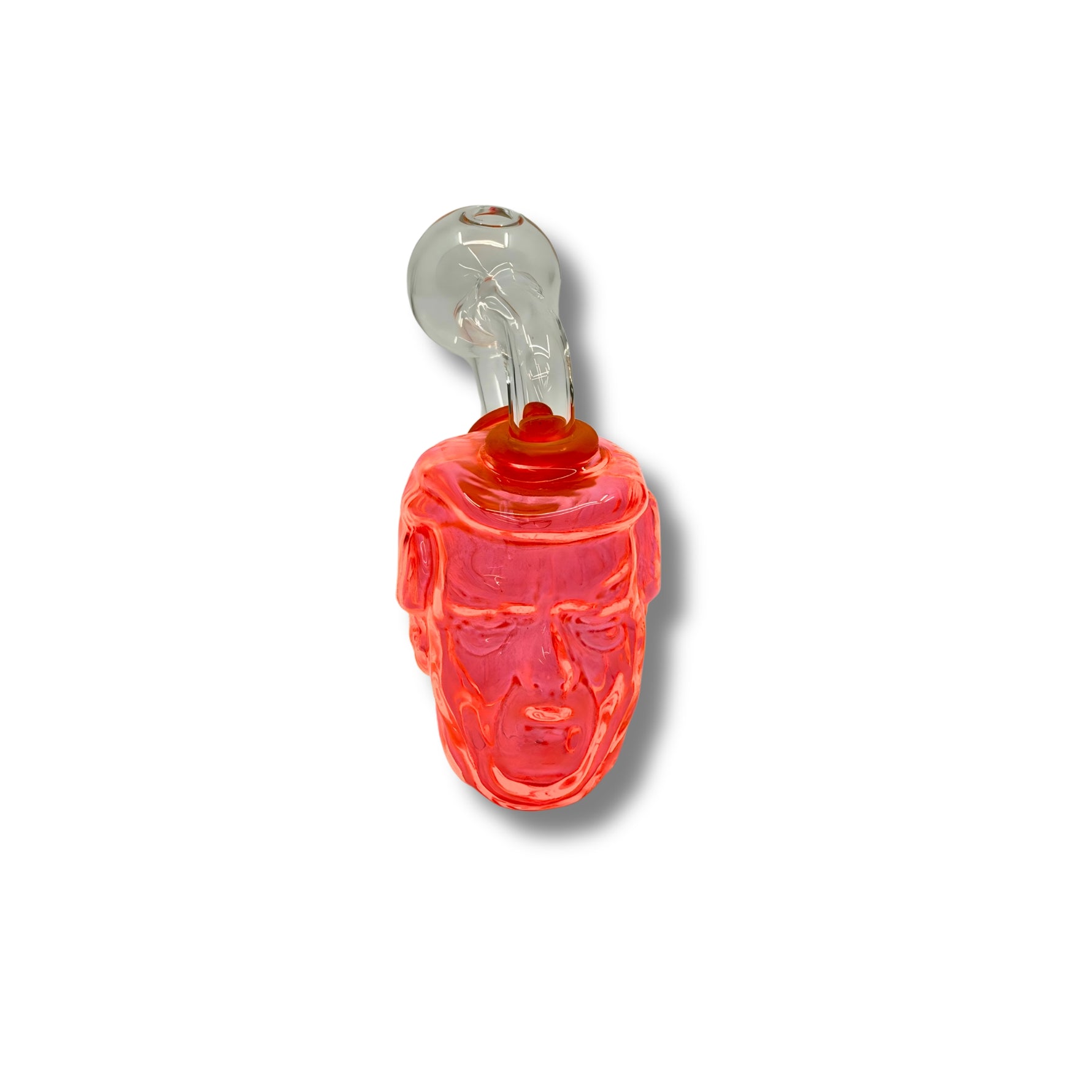 Colorful glass oil burner pipes shaped like human heads in teal, orange, pink, and green with detailed facial design.