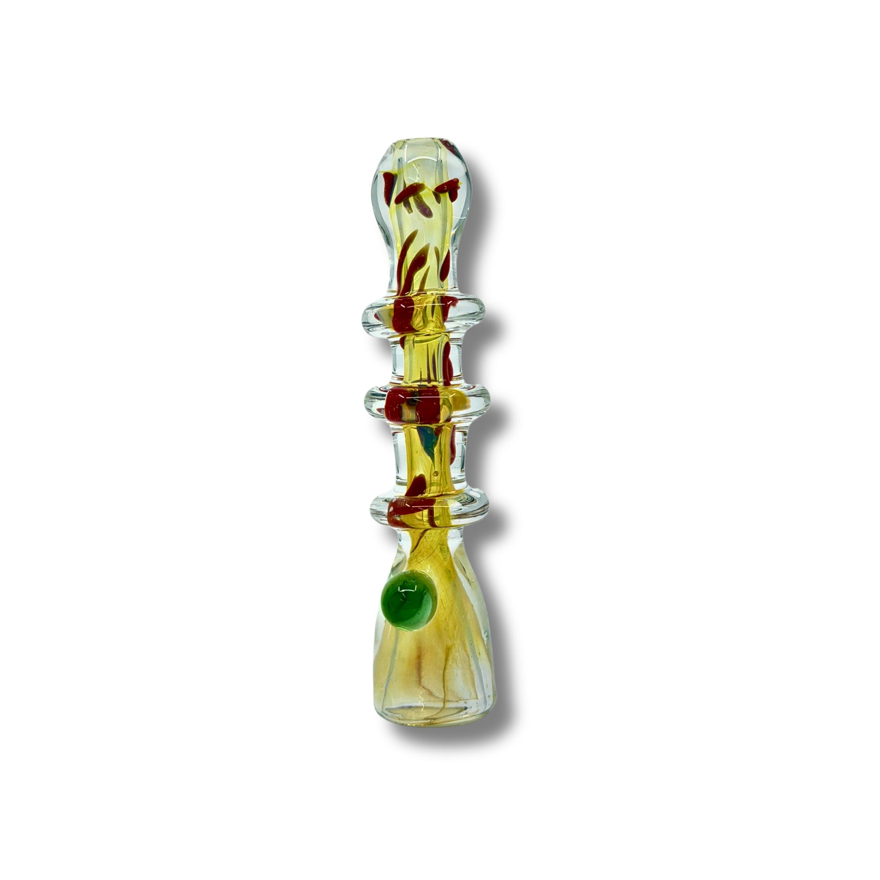 Fumed glass chillum pipes with ring grip design and colorful accents in green, blue, and red.