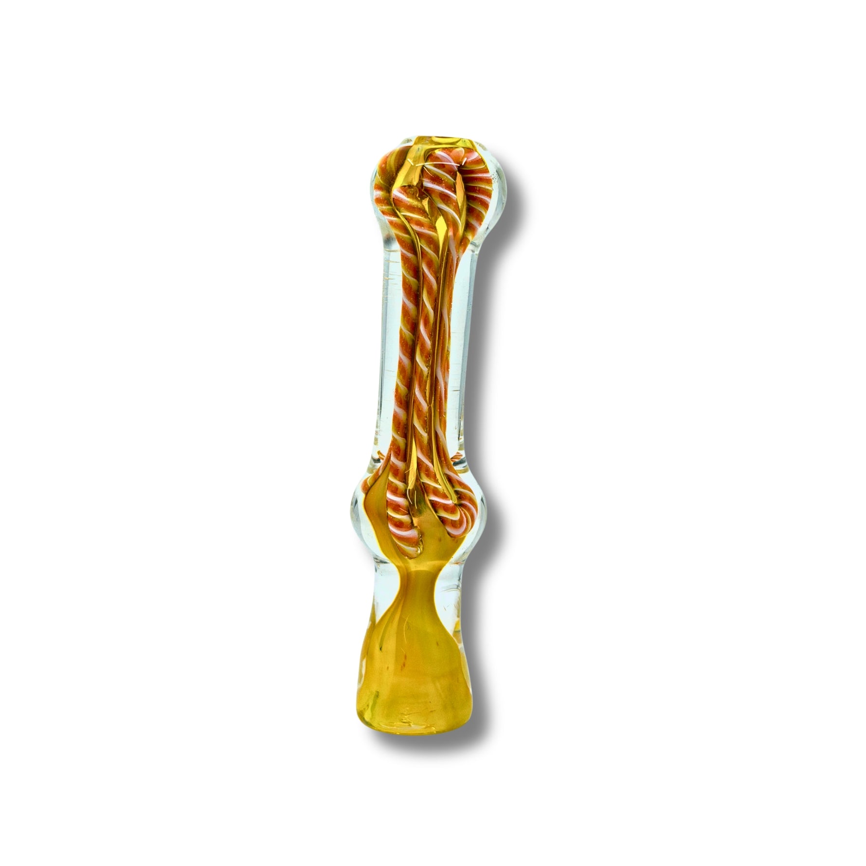 Hand-blown glass chillum pipes with fumed yellow base and colorful swirl patterns inside.