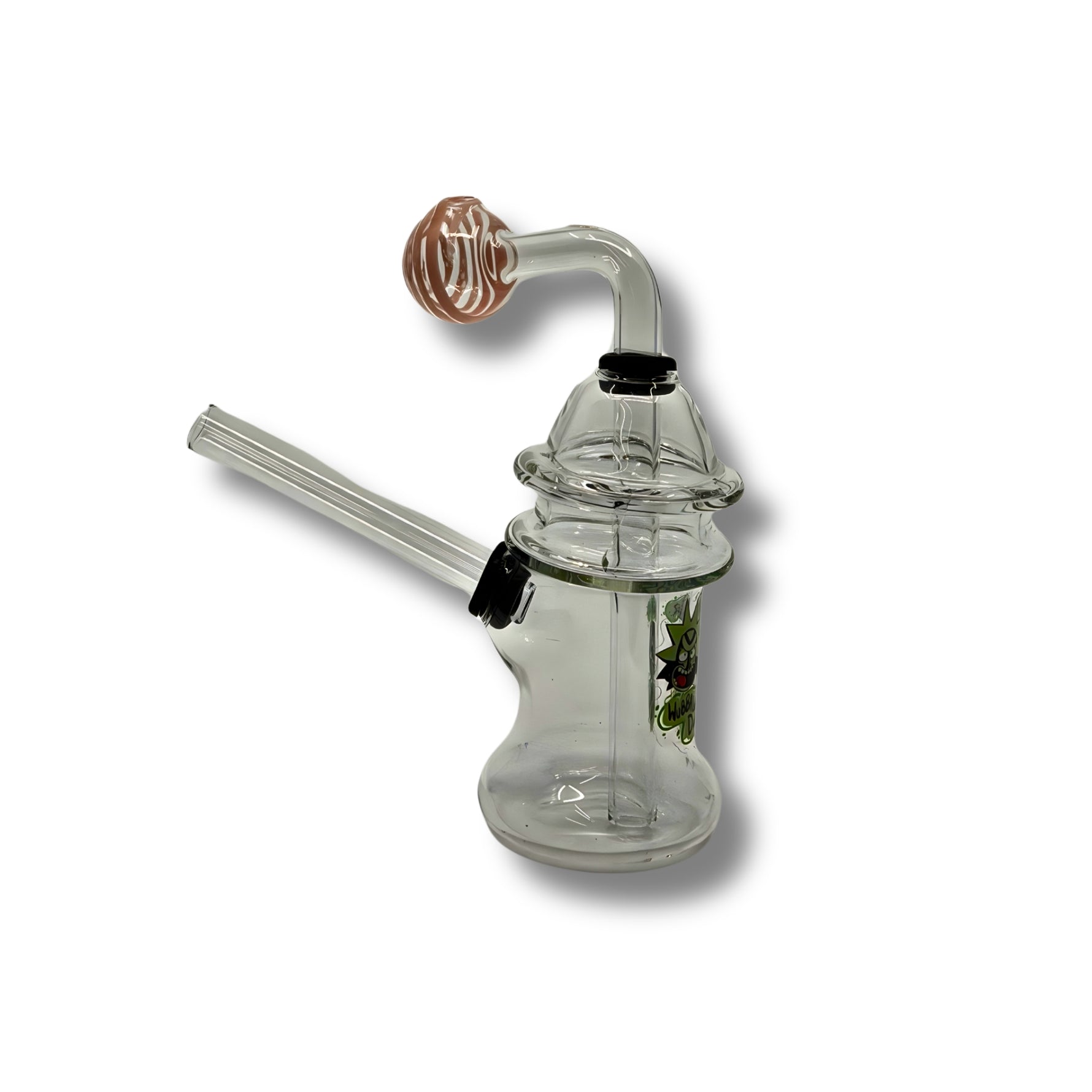Clear glass dab rigs with printed cartoon graphics and spinner caps in assorted colors, featuring compact chamber design.