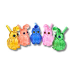 Colorful owl-shaped glass oil burner rigs with big eyes and side mouthpiece in assorted bright transparent colors.