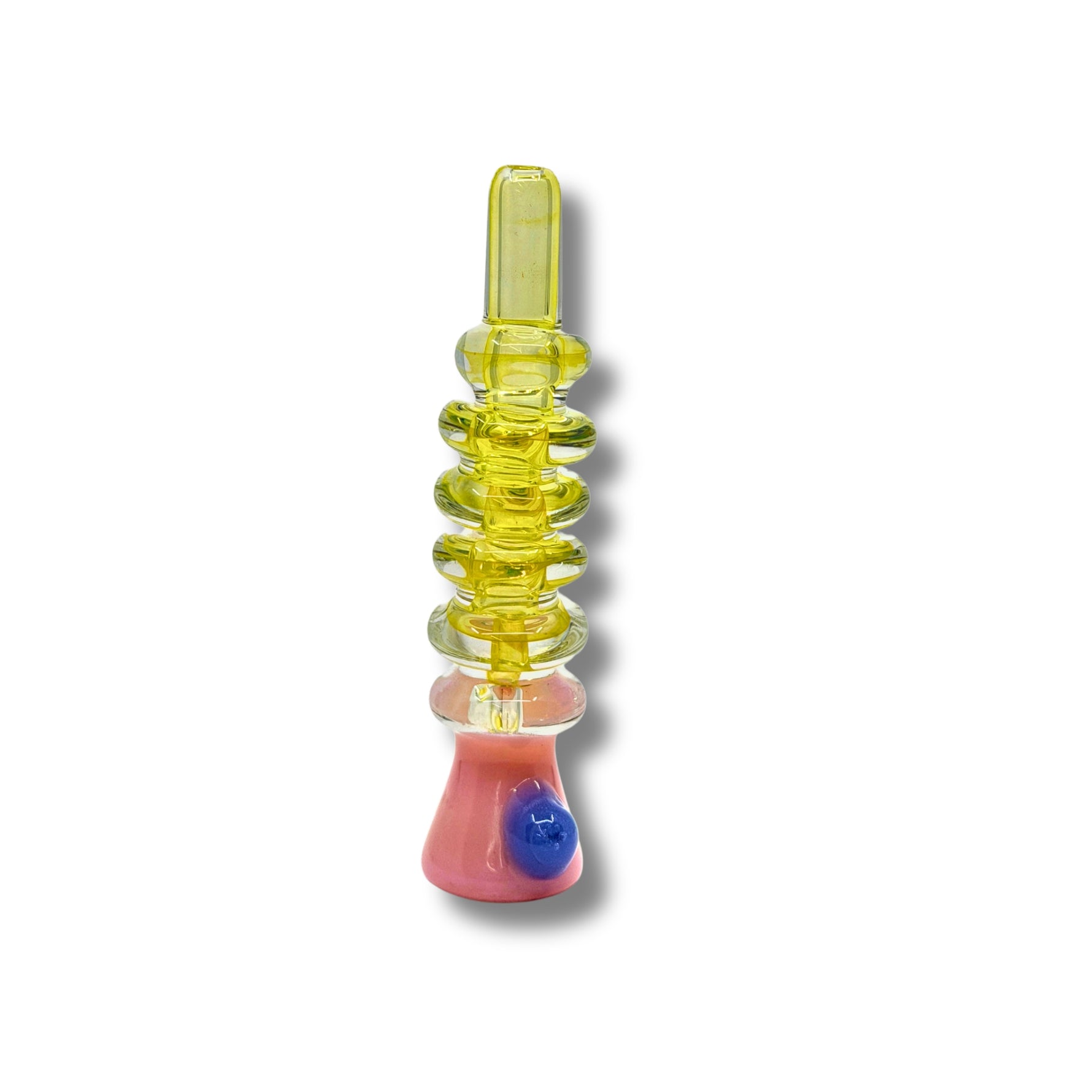 Transparent yellow glass chillum pipes with stacked ring texture and colorful base accents.