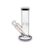 Clear straight tube glass water pipe featuring an inline downstem and colored mouthpiece and base accents.