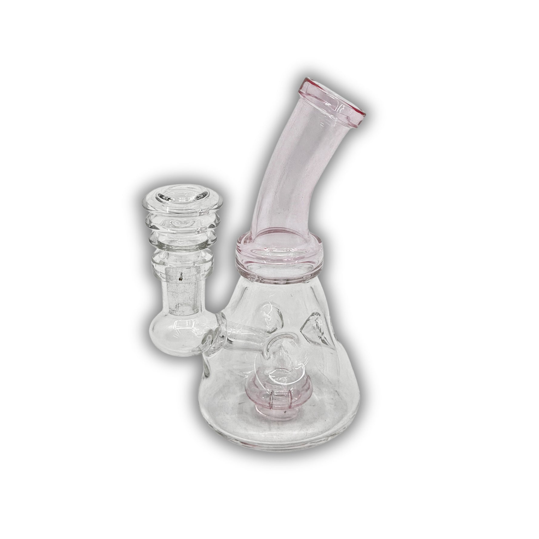 Small glass dab rig with beaker-style base, curved neck, and colored accents in pink and blue variations.