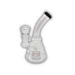 Compact glass dab rig with ribbed base design and colored curved neck, featuring yellow accent with red tip.