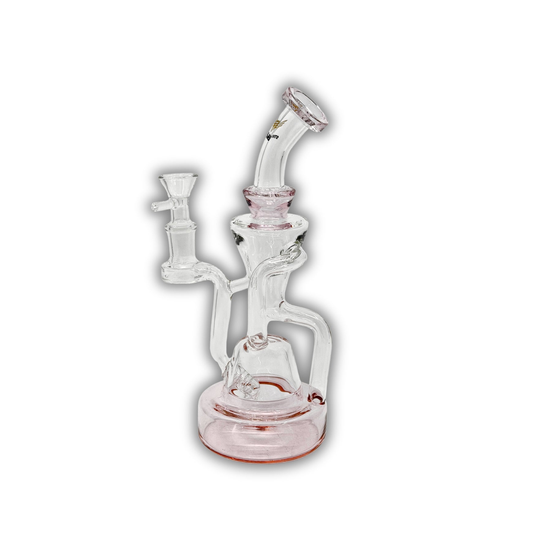Glass recycler water pipe featuring a double chamber design with angled neck and colored base accents.
