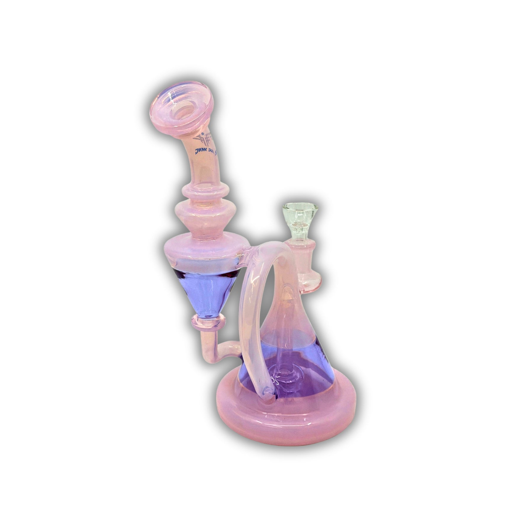 Pink and purple dual recycler glass water pipe with looped chamber design and angled neck.