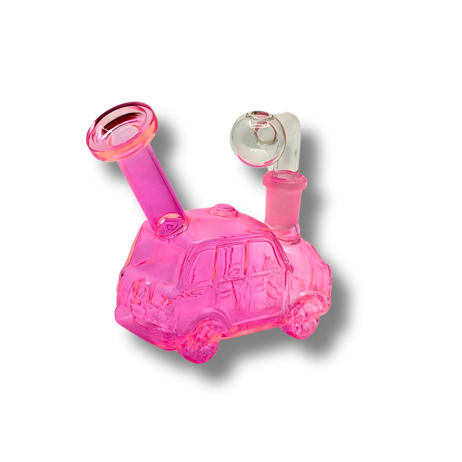 Colorful car-shaped glass oil burner rigs with side mouthpiece and round bowl attachment in assorted transparent colors.