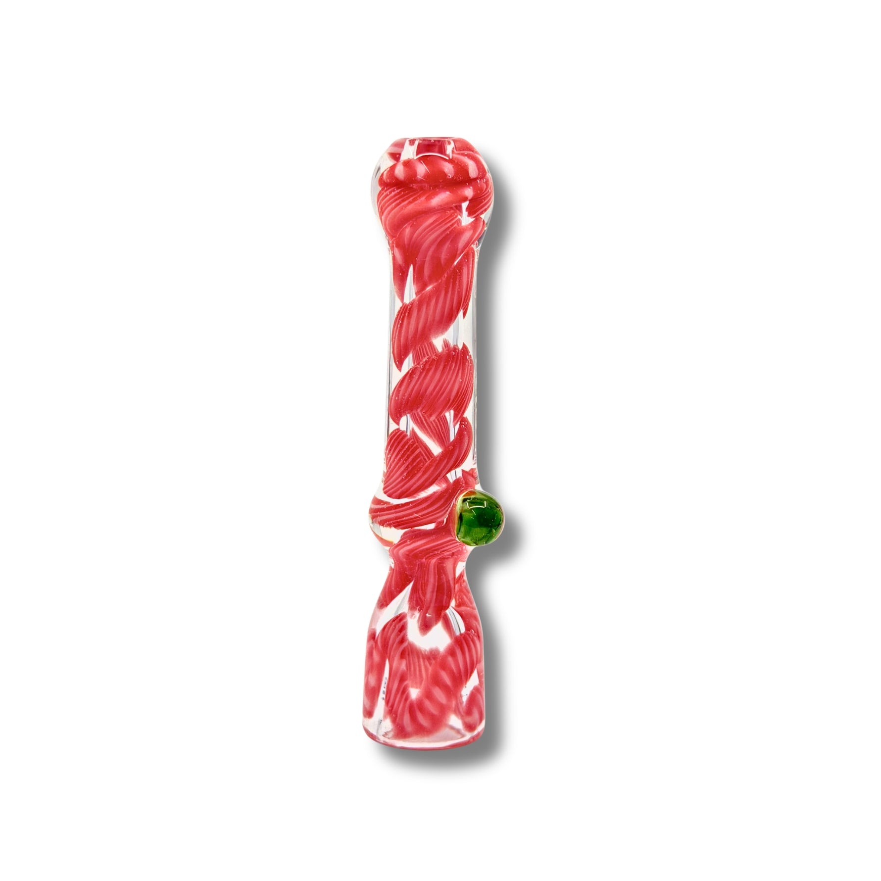 Hand-blown glass chillum pipes with colorful swirl patterns and side grip marble in assorted designs.