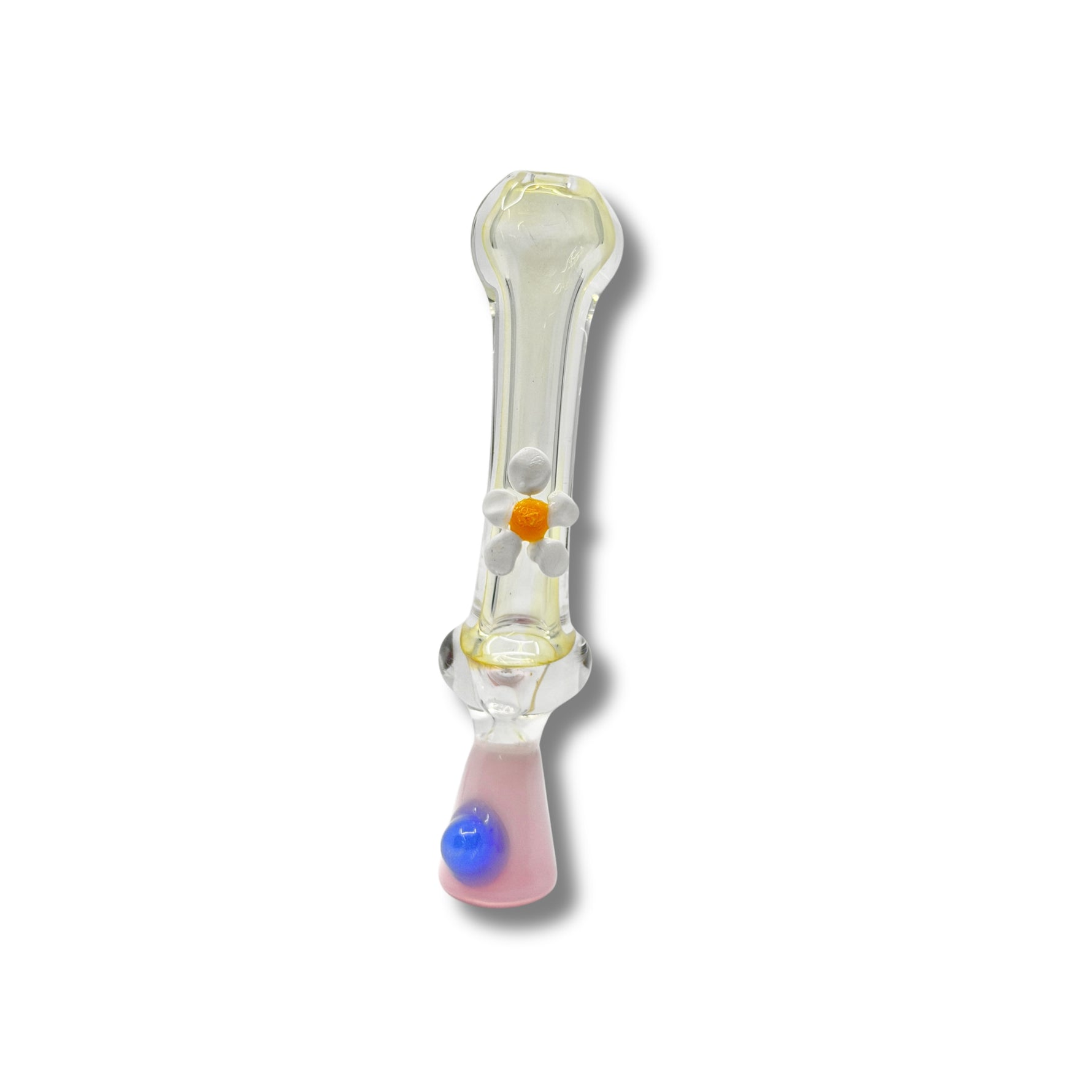 Clear glass chillum pipes with colorful base and white daisy flower accents in assorted designs.