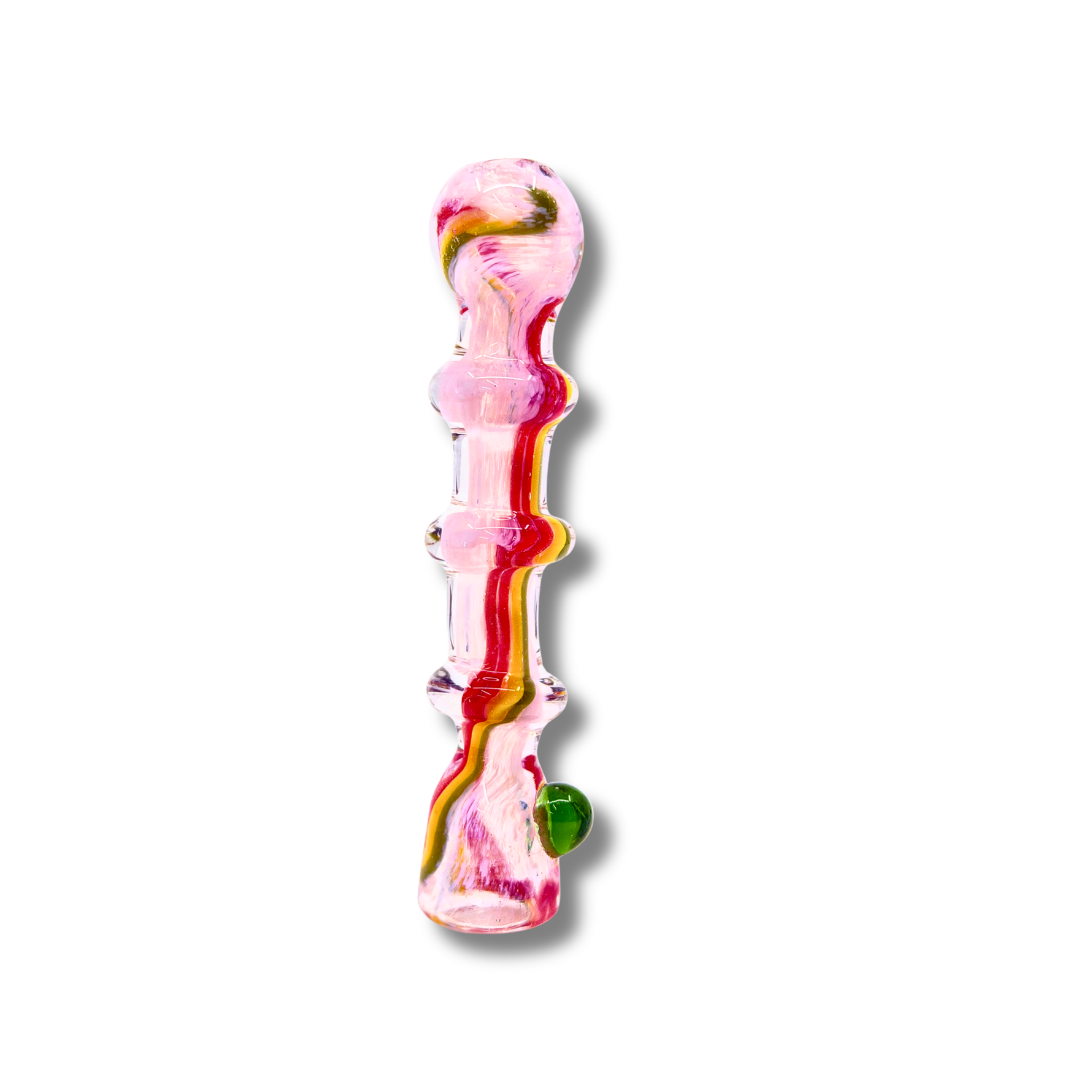 Textured glass chillum pipes with multicolor stripe patterns in green, red, and pink tones.