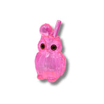 Colorful owl-shaped glass oil burner rigs with big eyes and side mouthpiece in assorted bright transparent colors.