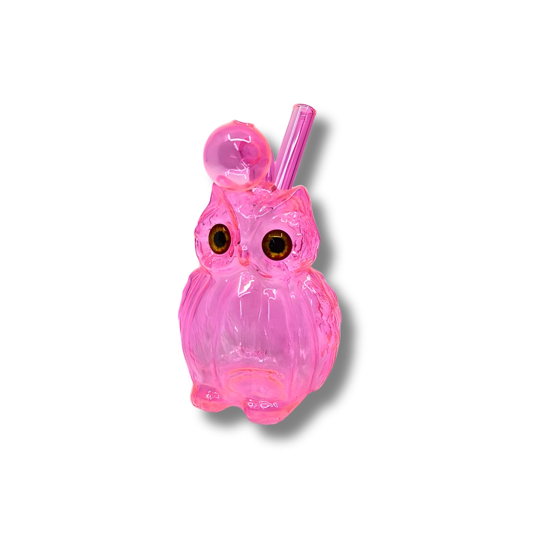 Colorful owl-shaped glass oil burner rigs with big eyes and side mouthpiece in assorted bright transparent colors.
