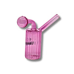 Ribbed cylindrical glass oil burner pipes with side bubble chamber in multiple transparent colors including purple, red, pink, green, blue, and yellow.