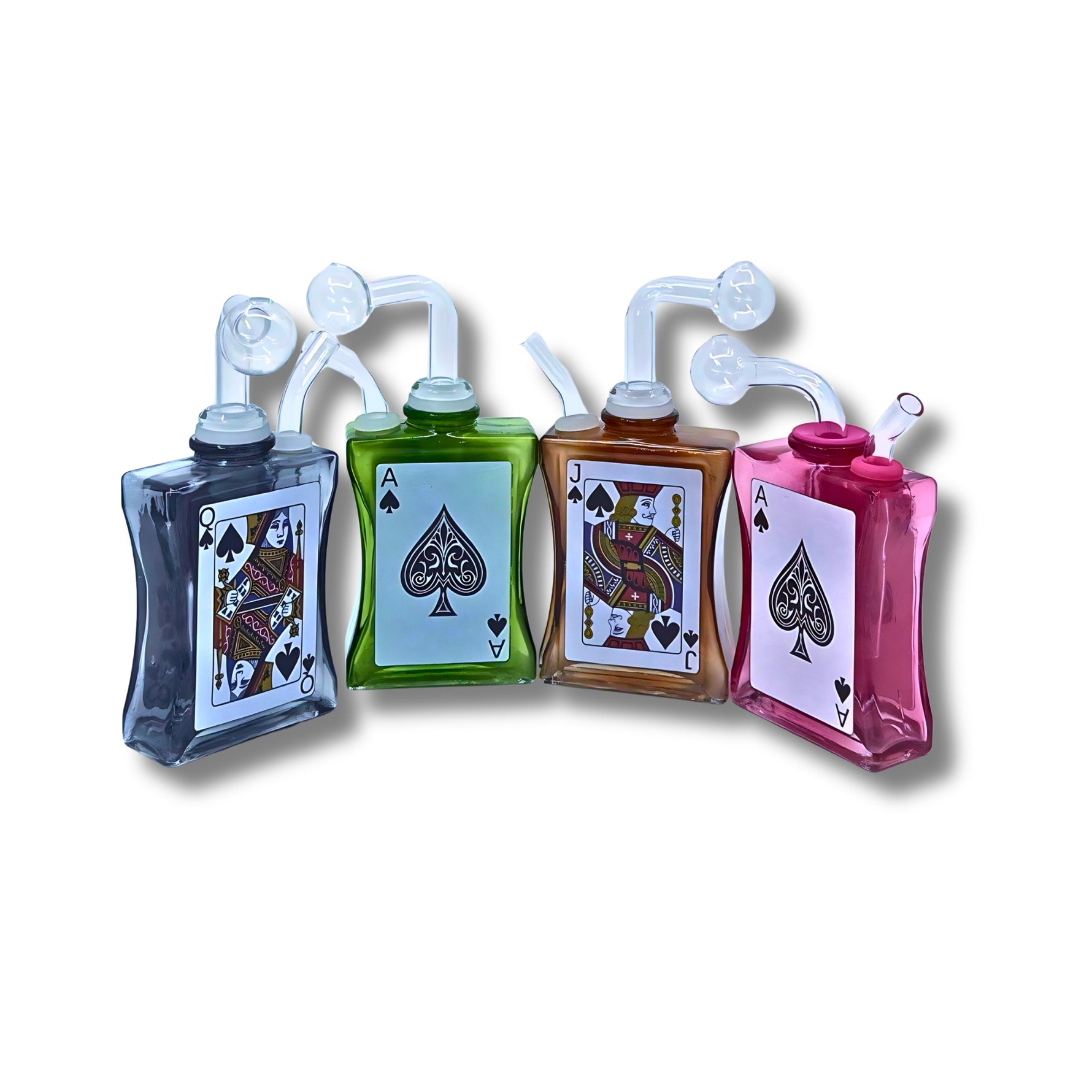 Glass oil burner  designed like playing cards with spade symbols in black, green, amber, and pink colors.