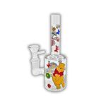 Clear mini straight tube bong featuring colorful cartoon-style character prints with flowers, hearts, and playful graphics.