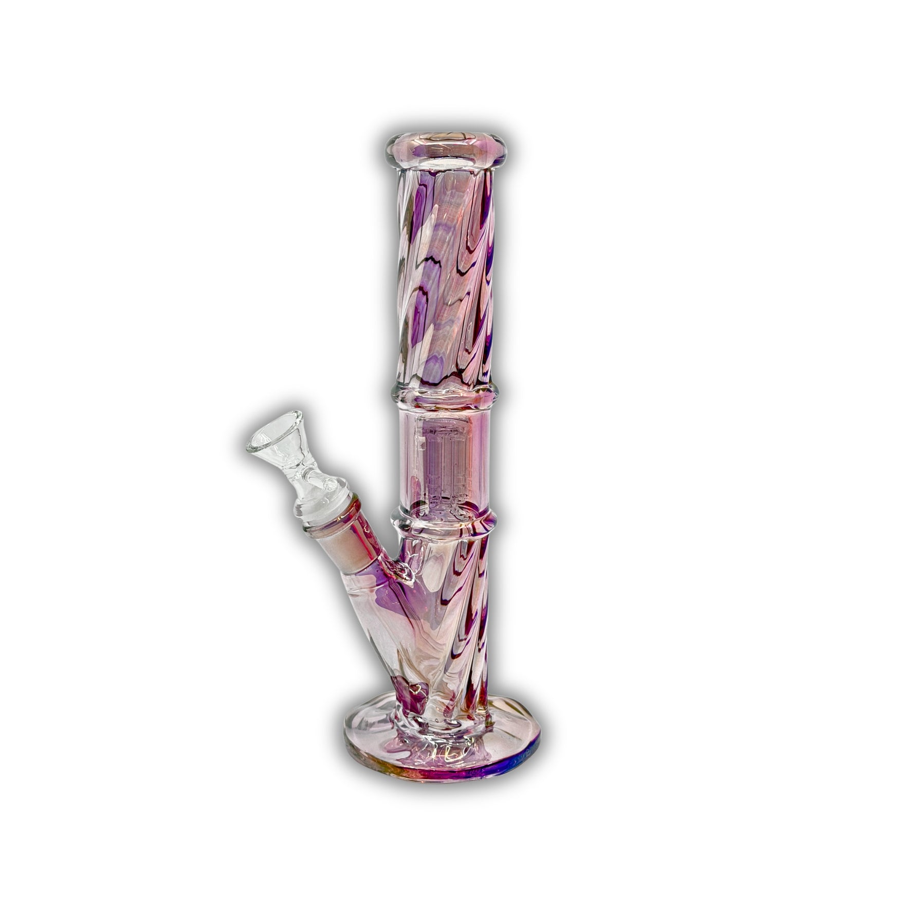 Vibrant full-color glass water pipe with twisted design, tree percolator, and angled neck.