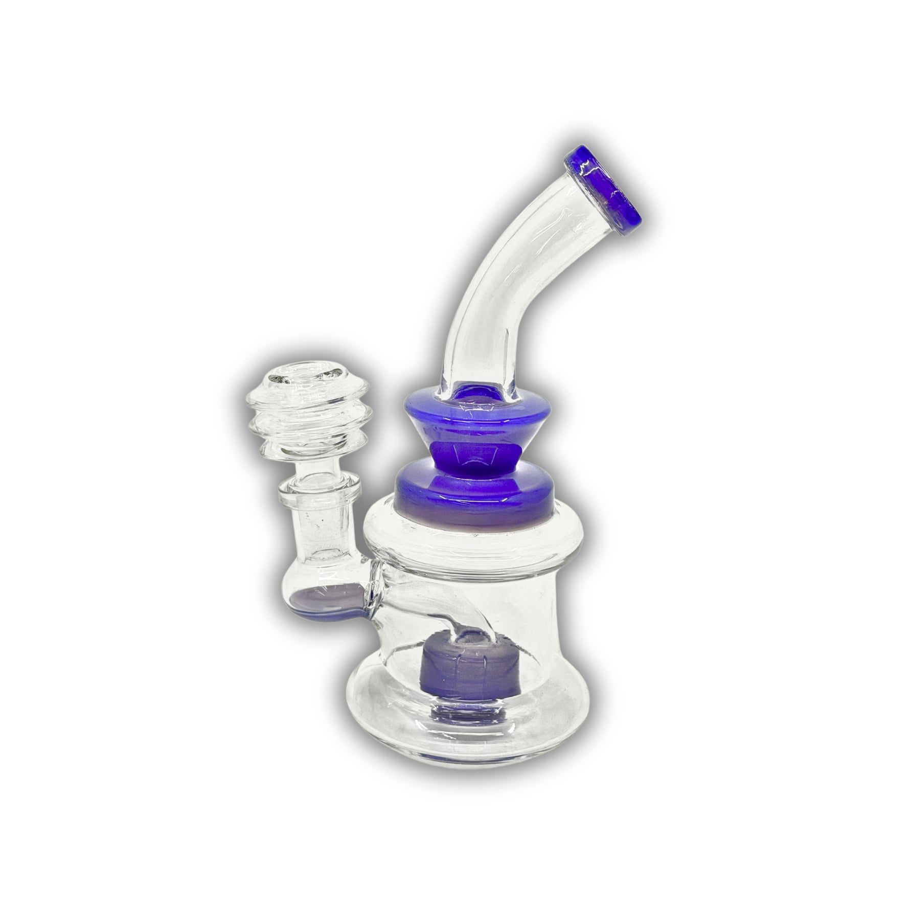 Compact glass dab rig featuring a double chamber base and colored accent neck in purple and green variations.