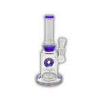 Glass water pipe with donut percolator, straight neck design, and colored base and neck accents.