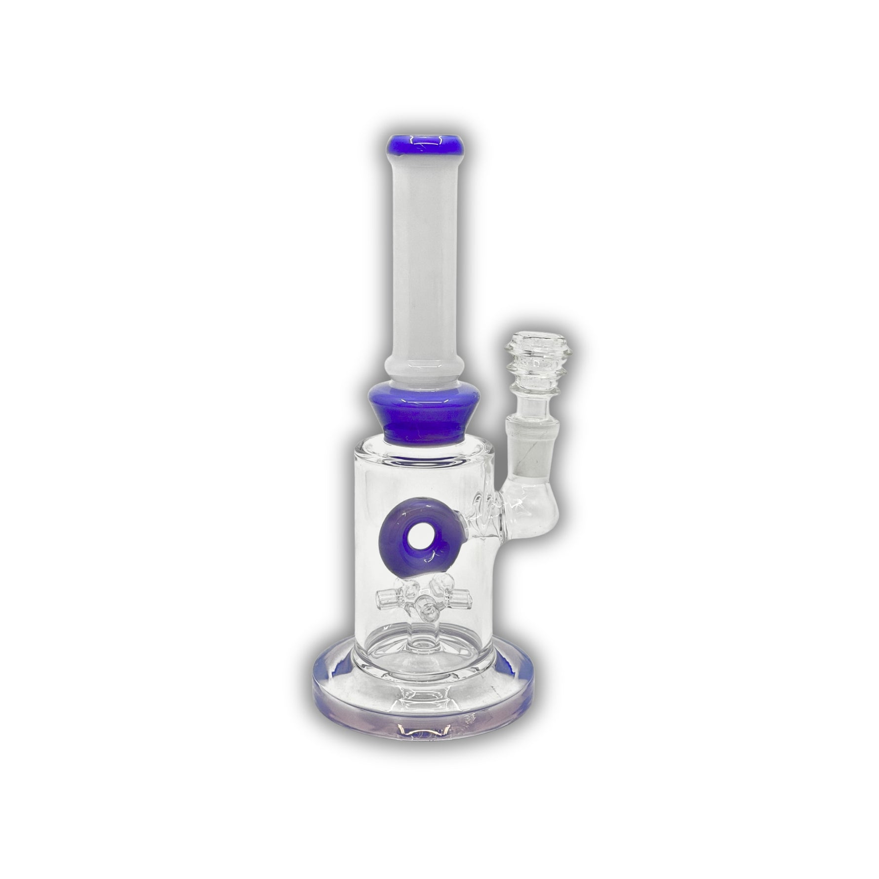 Glass water pipe with donut percolator, straight neck design, and colored base and neck accents.
