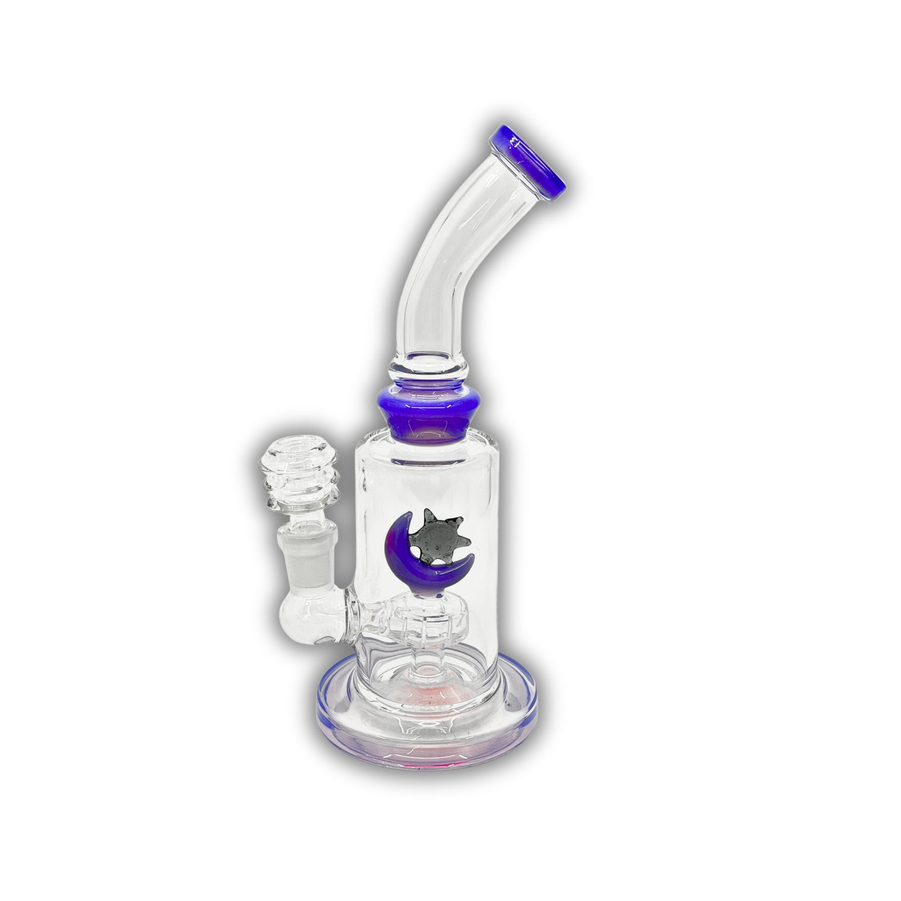 Compact glass water pipe with moon and star design, colored accents, angled neck, and built-in percolator.