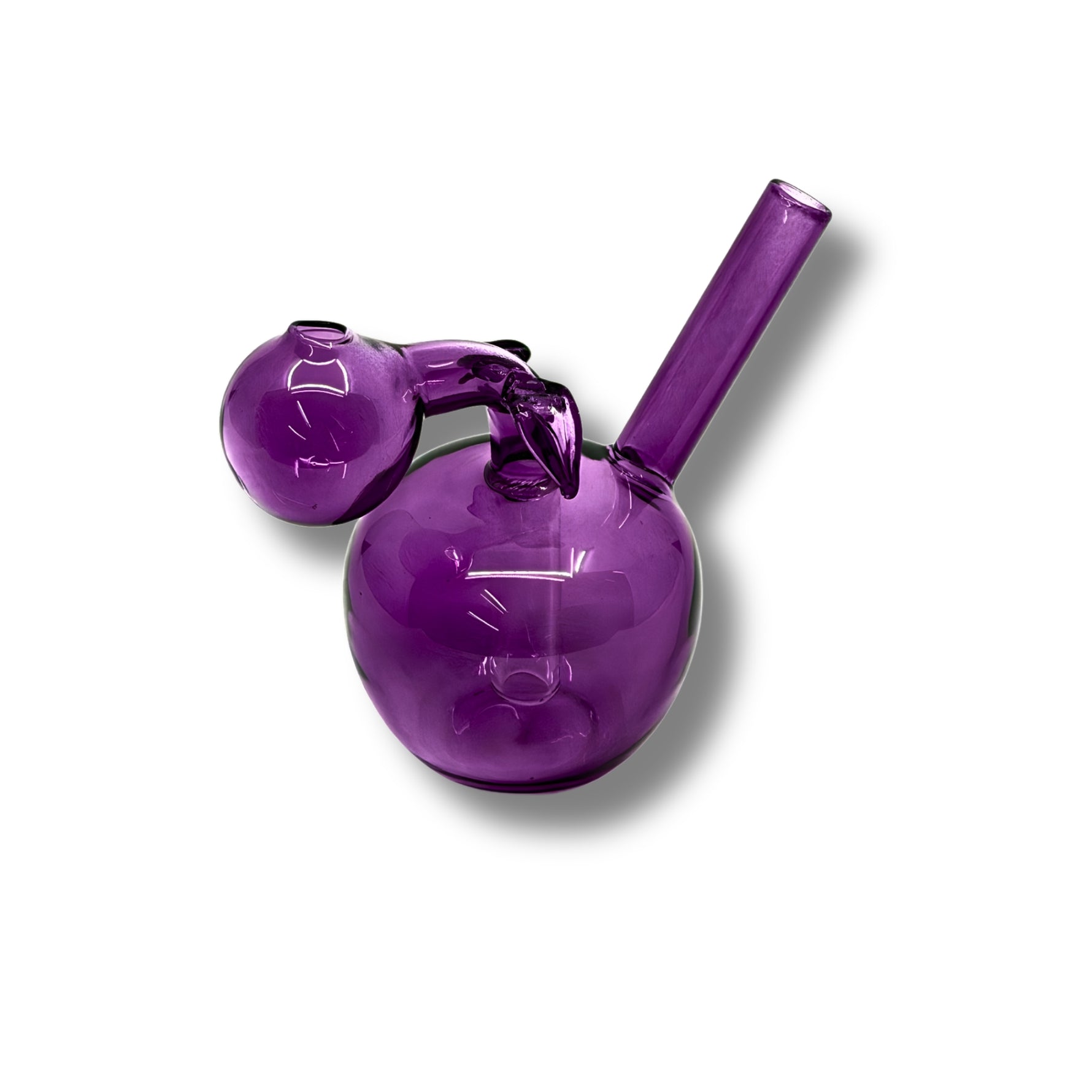 Colorful glass oil burner pipes shaped like apples in blue, purple, red, and green with round body and leaf detail.