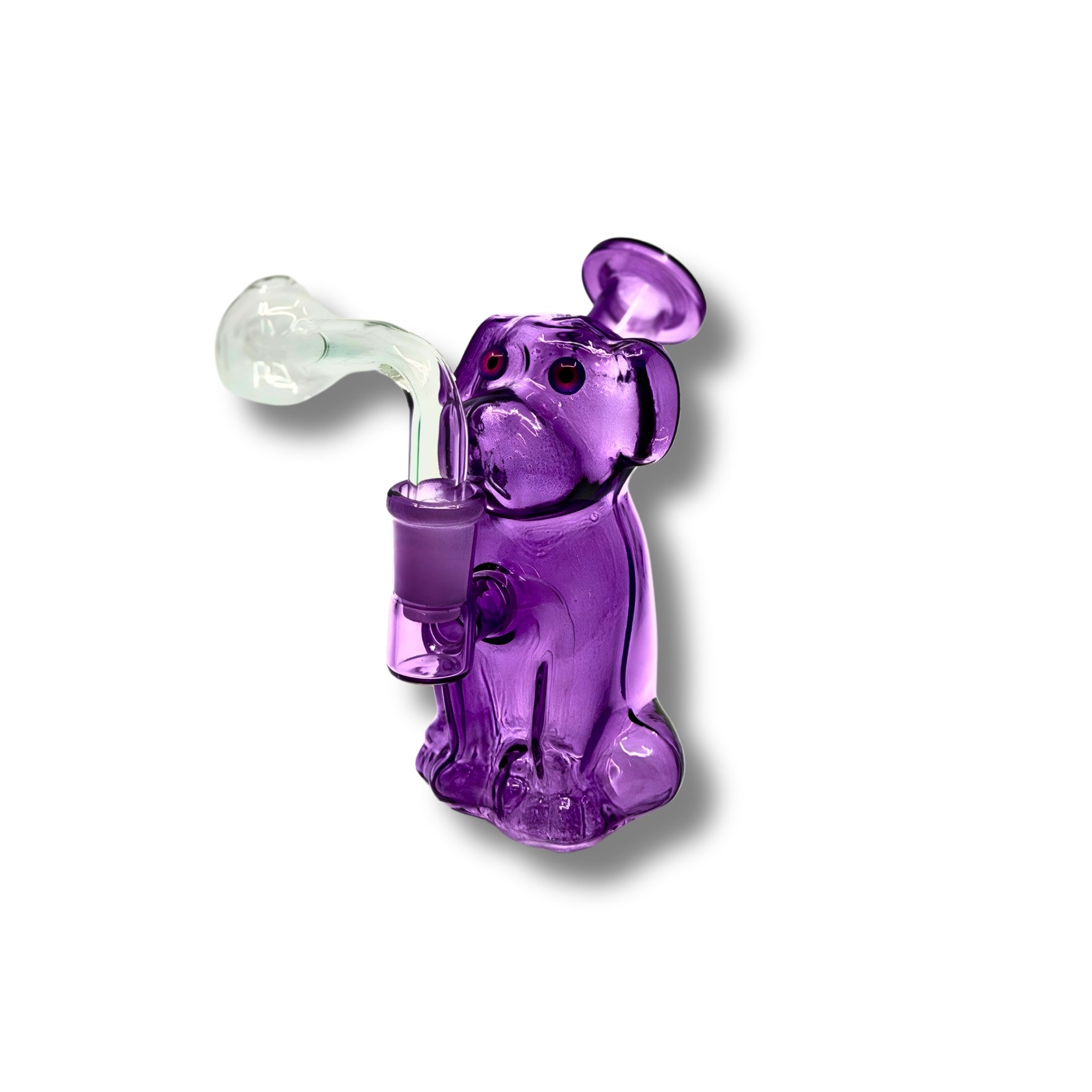 Colorful glass dab rigs shaped like cartoon dogs in blue, yellow, orange, green, purple, and pink with built-in bowl and downstem.