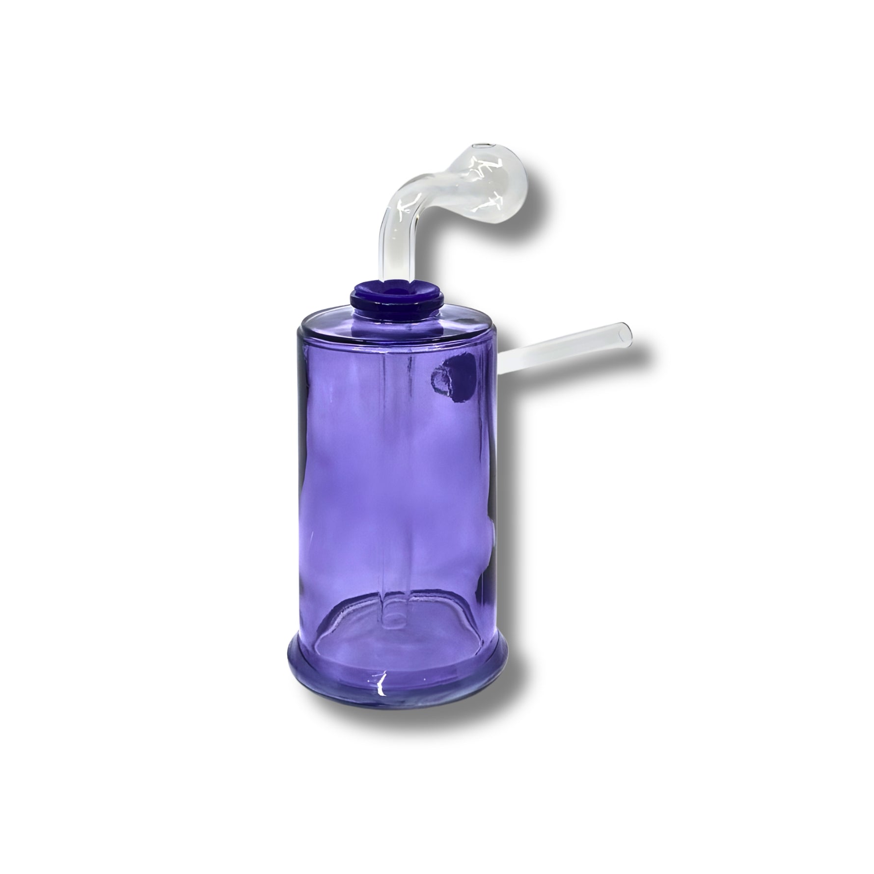 Cylinder-shaped glass dab rigs with side arm and clear top in multiple colors including black, blue, red, yellow, purple, green, and pink.