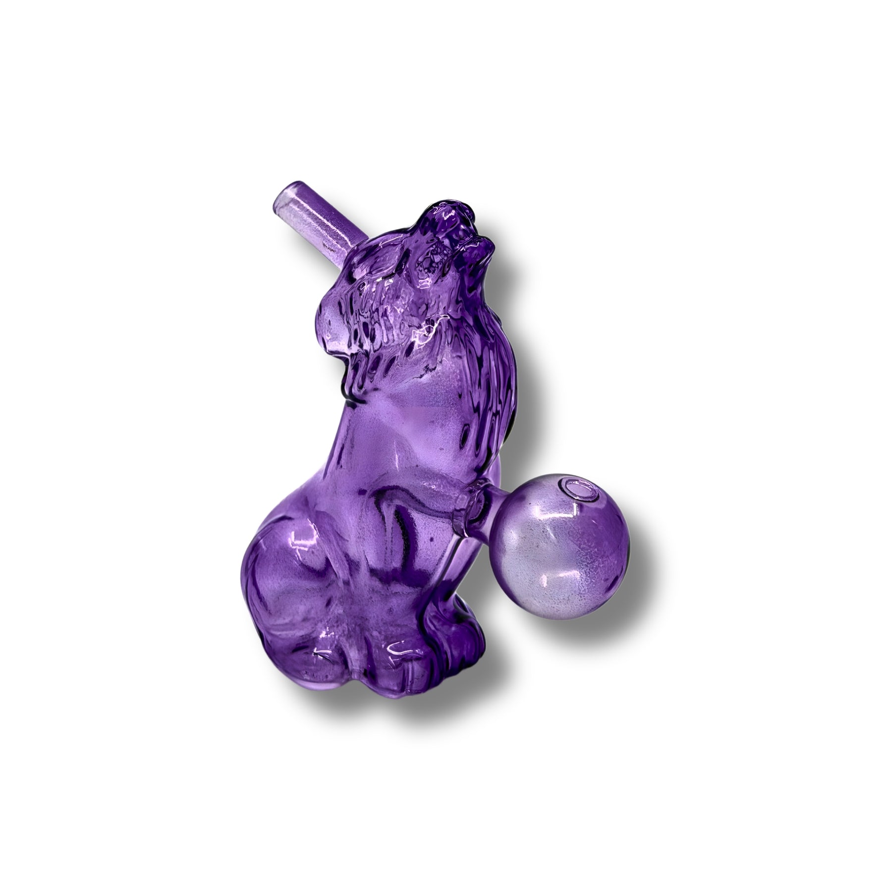 Colorful glass oil burner pipes shaped like howling wolves in pink, green, purple, yellow, and red with round bowl design.