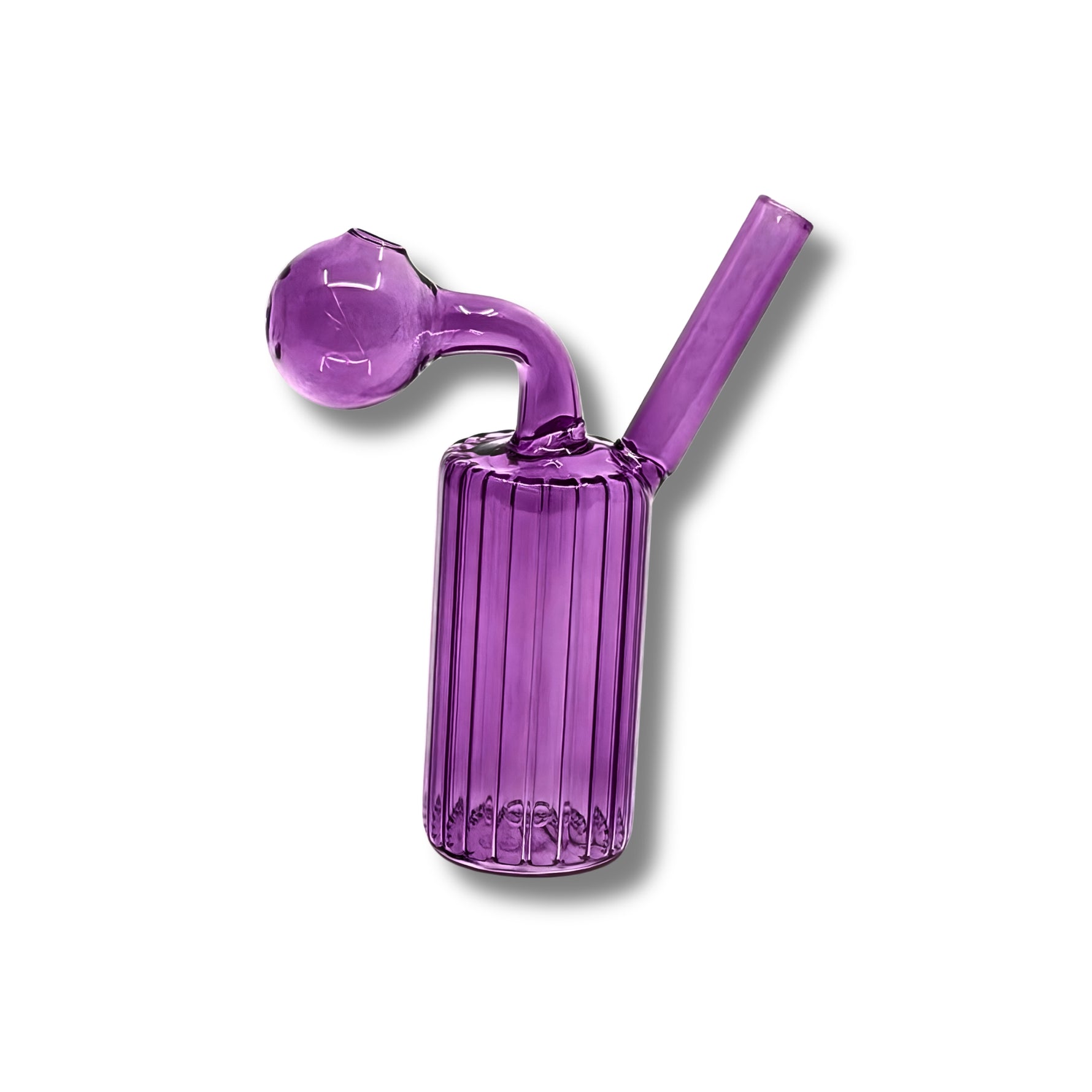 Ribbed cylindrical glass oil burner pipes with side bubble chamber in multiple transparent colors including purple, red, pink, green, blue, and yellow.