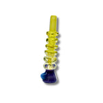 Transparent yellow glass chillum pipes with stacked ring texture and colorful base accents.