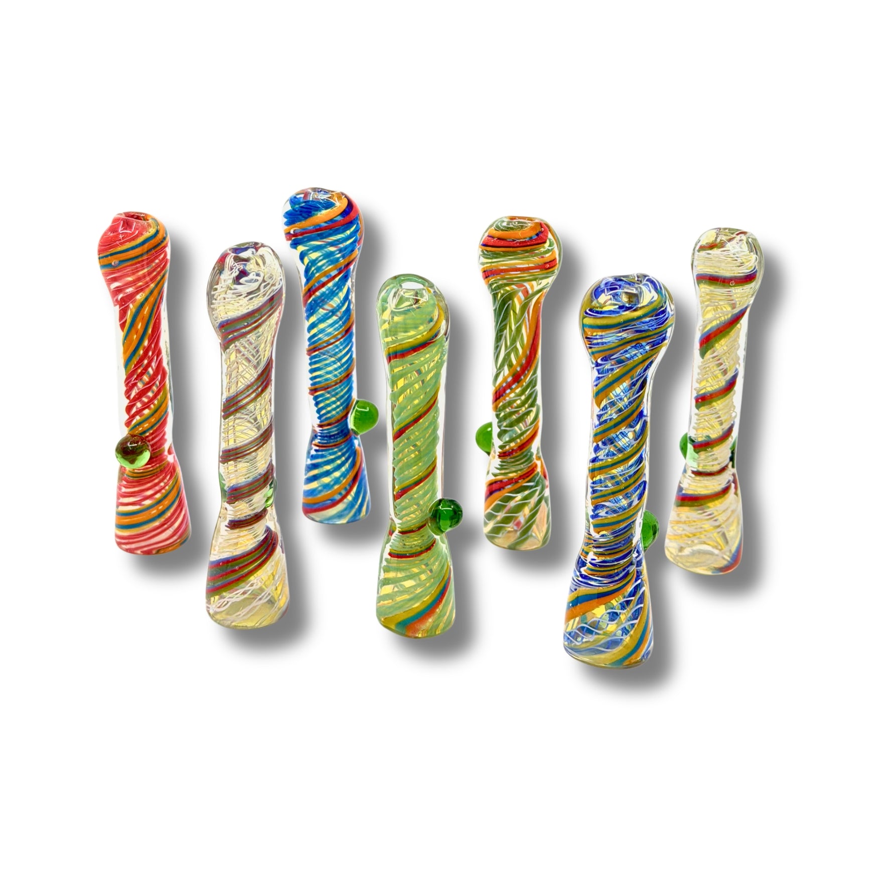 Hand-blown glass chillum pipes with rainbow spiral patterns and side grip marble in assorted vibrant designs.