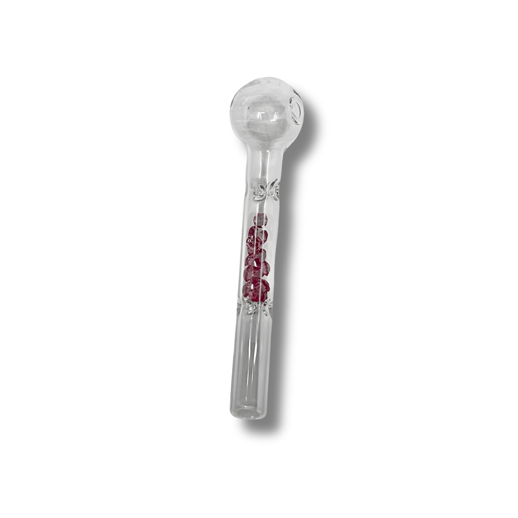 Clear glass oil burner pipes with colored bead accents inside the stem in blue, green, and red designs.