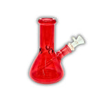 Small colored glass beaker-style water pipe featuring an inline percolator and angled joint with matching bowl.