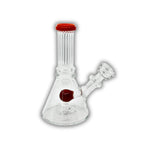 Compact beaker-style glass dab rig featuring a showerhead percolator and colored marble accent with ribbed neck design.