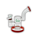 Compact ESIGO branded glass dab rig with showerhead percolator, angled mouthpiece, and colored base and rim accents.